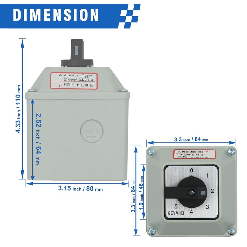 Keymoo 5-Way 2NO 2NC Rotary Changeover Switch with Exterior Box, 20A 660V Universal Selector Switch (6 Positions 3 Poles) - Image 3